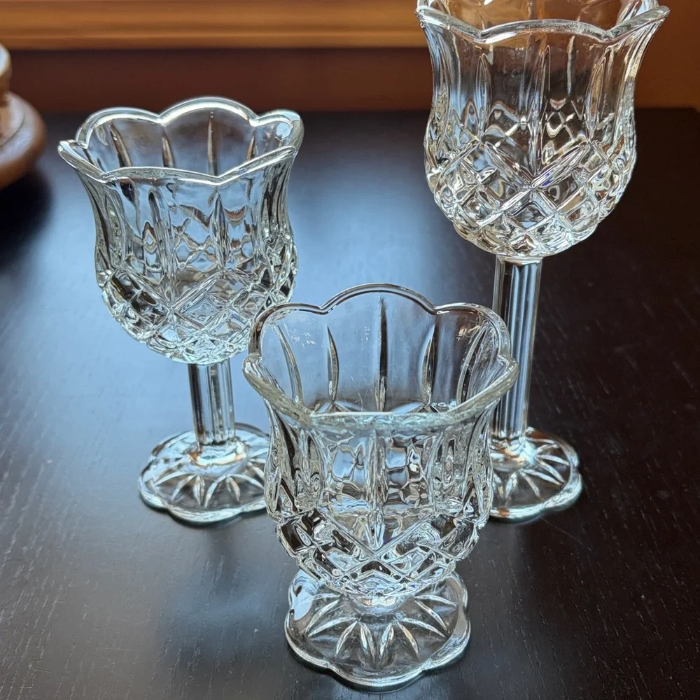 HOMCO graduated Scalloped Clear votive candle holder set of 3 - Picture 2 of 8